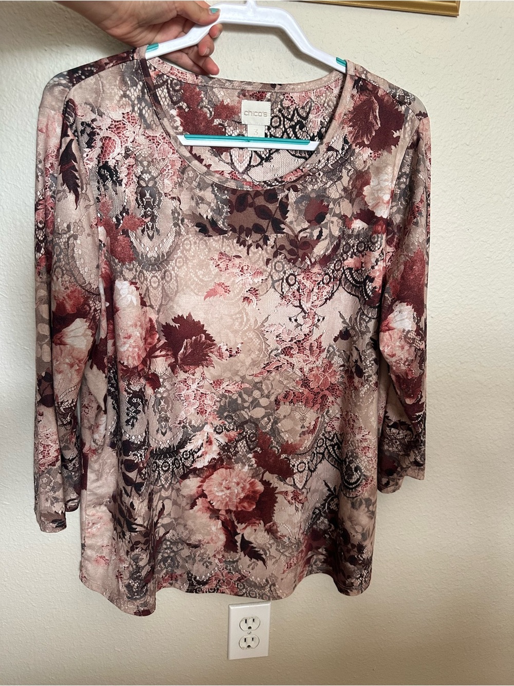 Chico's Rose and Burgundy Floral Lace-Print Long Sleeve Tee